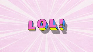 LOL! - comics style 3D text with shadow on paper textured background in pink colours and 3D motion emboss effects, 4K comics style animation