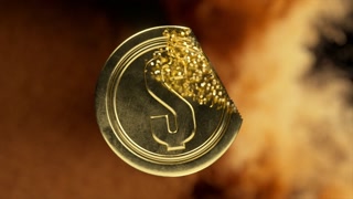 Golden dollar coin is slowly disintegrating into gold dust, representing concepts like inflation, devaluation, financial crisis, and