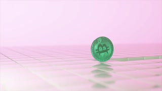 Single green bitcoin physical coin spinning on a glossy, tiled surface with a soft pink background, representing the volatility and movement