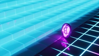 Glowing purple bitcoin spinning on a neon synthwave grid. Digital animation representing cryptocurrency, blockchain technology, and the