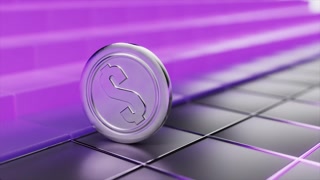 Shiny silver dollar coin rolling endlessly on a dark tiled surface illuminated by vibrant purple neon lines, representing the constant flow
