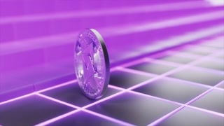 Shiny silver ethereum coin spinning over a dark grid surface with vibrant purple neon lights, representing cryptocurrency mining, blockchain