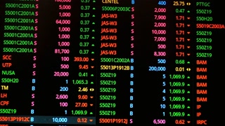 Stock market data scrolling on a screen showing financial information and analysis