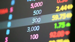 Stock market data displayed on a screen showing fluctuating prices and trading volumes