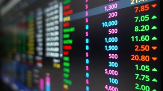 Colorful stock market data ticker displaying financial information on screen