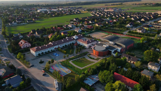 Aerial View of Modern School Campus in Suburban Area