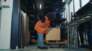 Woman, a logistics and warehouse worker suffering from back pain after manual handling, lifting, and carrying heavy cardboard box.