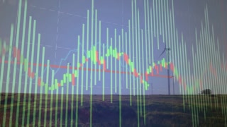 Animated financial chart updating on data, shifting bars and line over wind turbines showing trend