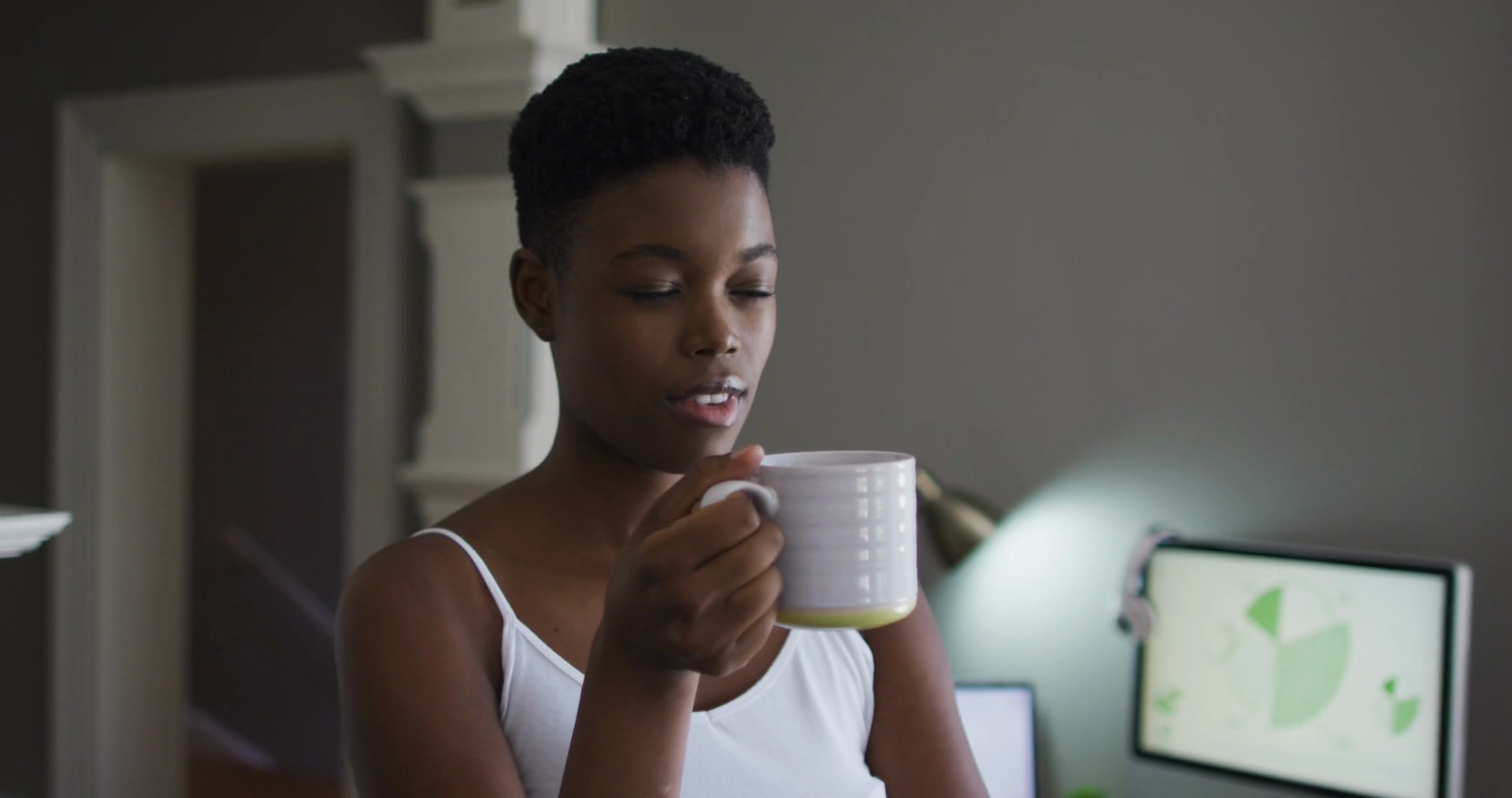 African American Woman Drinking Coffee At Stock Footage SBV-346602688 ...