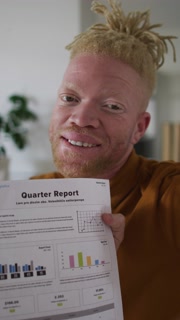 Vertical shot of an Albino man having a video call, showing a quarter report to the camera