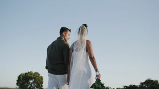 Rear view of diverse bride and groom walking away holding hands at beach wedding, in slow motion
