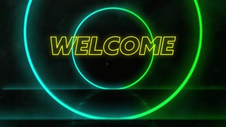 Animation of welcome text over neon shapes on black background