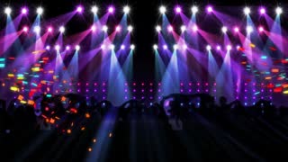 Animation of confetti over silhouette of people dancing over stage