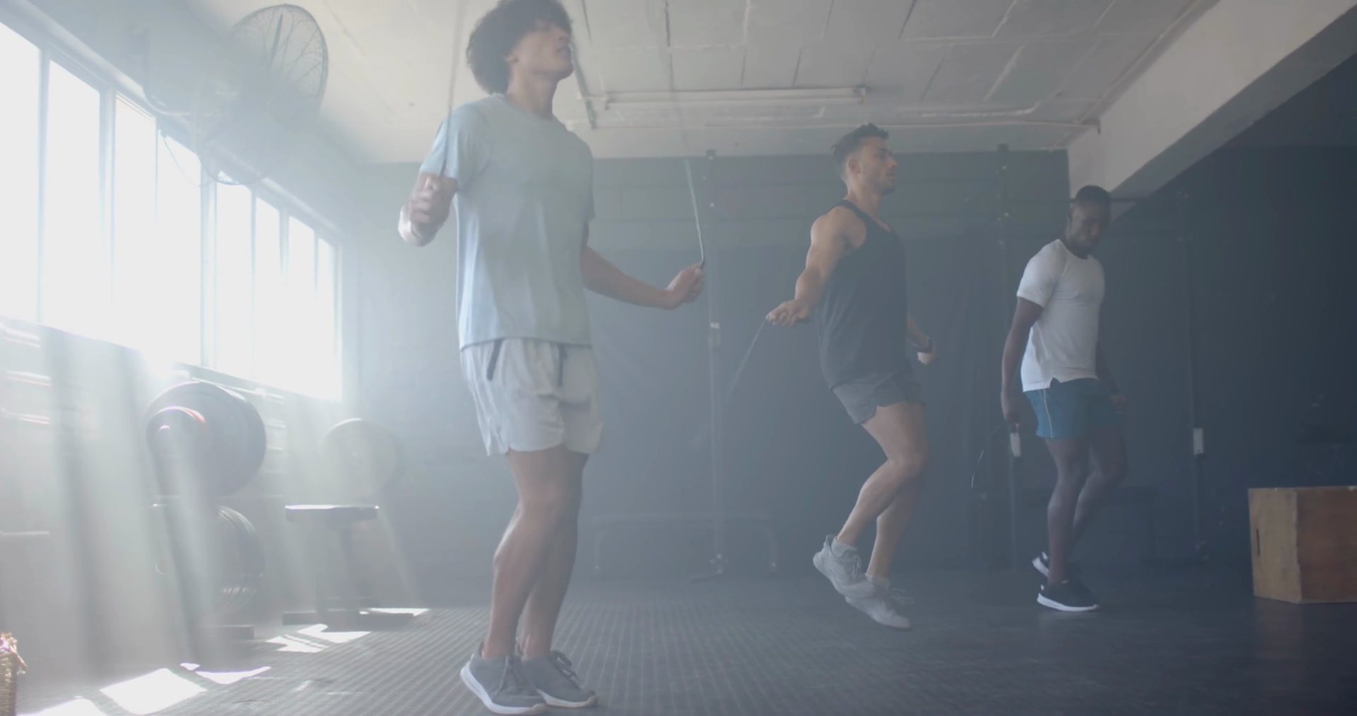 Jumping Rope Three Men Exercising Together Stock Footage SBV-352105731 ...