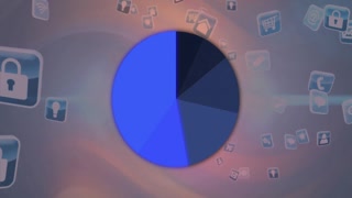 Rotating pie chart animation over various digital icons on gradient background
