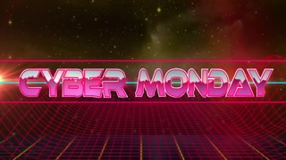 Cyber Monday text animation over retro grid and starry sky background