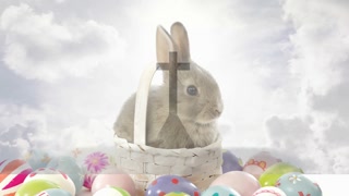 Sitting in basket, rabbit surrounded by colorful Easter eggs under cloudy sky