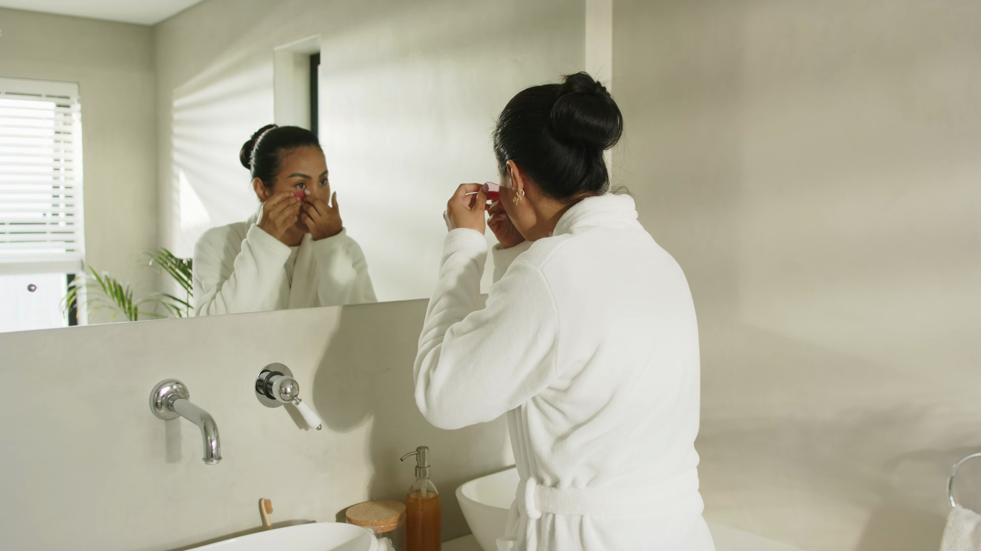 Inspecting Reflection Asian Woman Opening Stock Footage SBV-353752078 ...