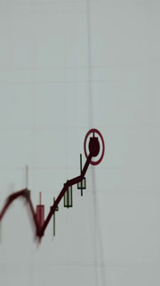 Financial chart with candlesticks, red trend overlay, and glowing data point