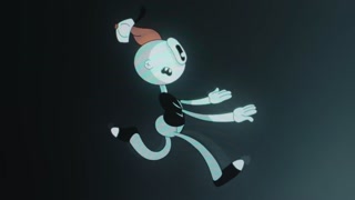 A cartoon character with big eyes is running with hands outstretched forward