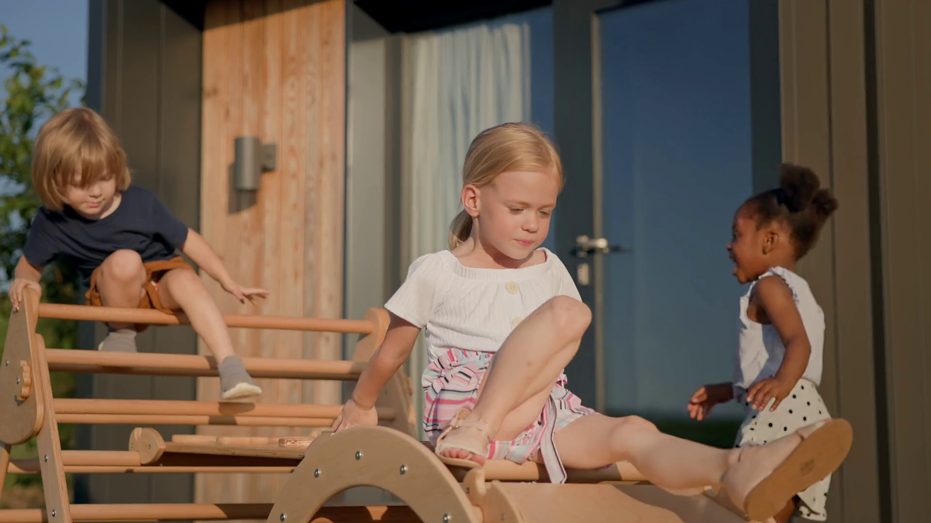 Children On Playground. Three Cute Kids. Kids Having Fun. Stock Video