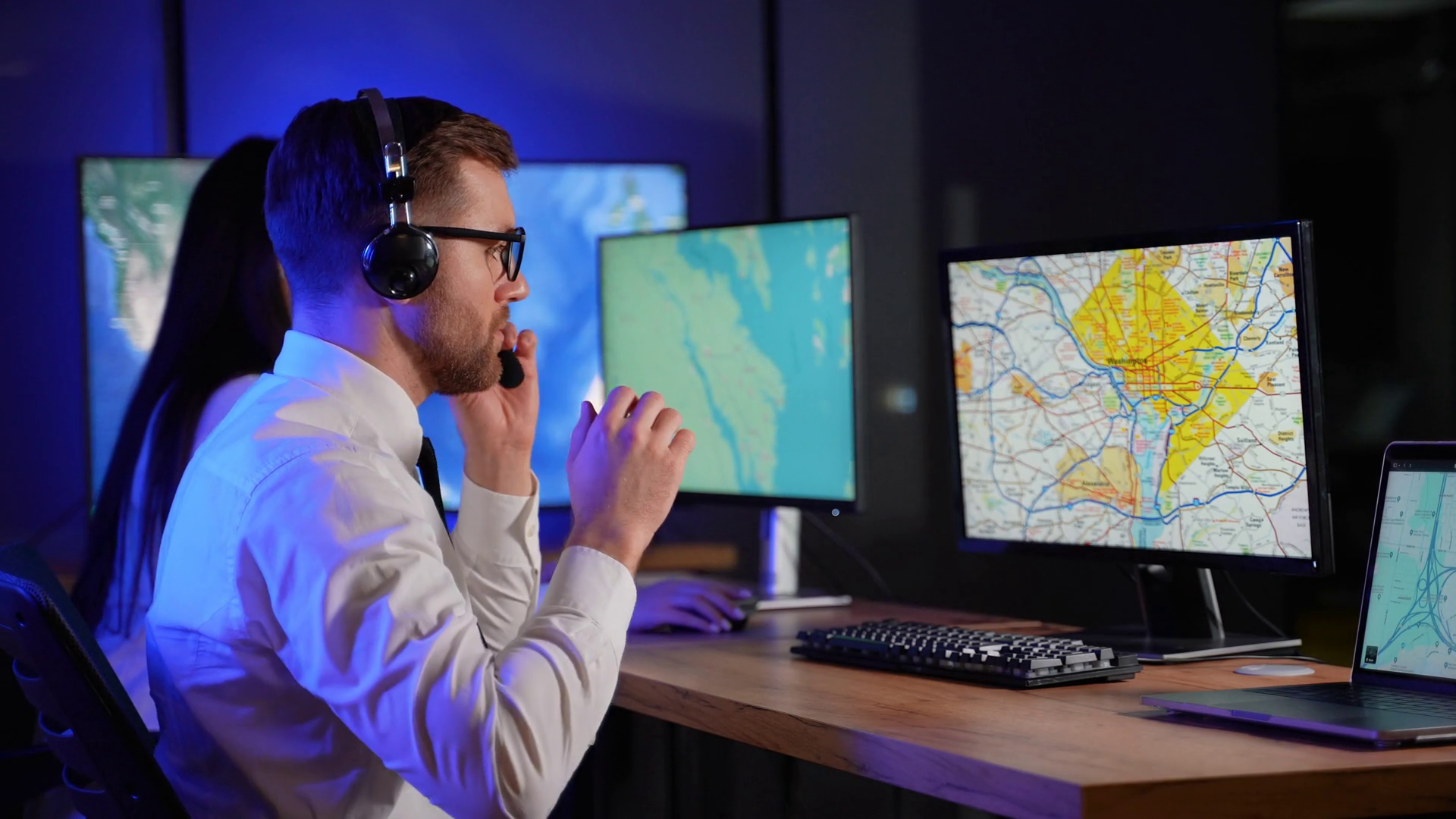 Transport Dispatcher Puts On Headphones Stock Footage SBV-352995090 ...