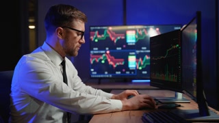 Side View Of Stock Market Broker Candles Graphs On Multiple Computer Screens. Concept Of Cryptocurrency And Stock Market