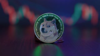 Macro shot of Dogecoin coins background Blockchain financial technology, mining concept, fintech, DEFI. Dogecoin. Cryptocurrency Gold