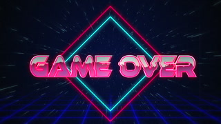 Retro Game over text glitching over blue and red triangles 4k
