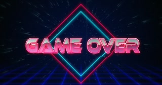 Retro Game over text glitching over blue and red triangles 4k