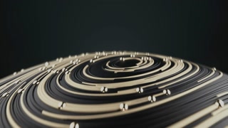 Flying over golden ball with circular topographic animated lines and particles on black background