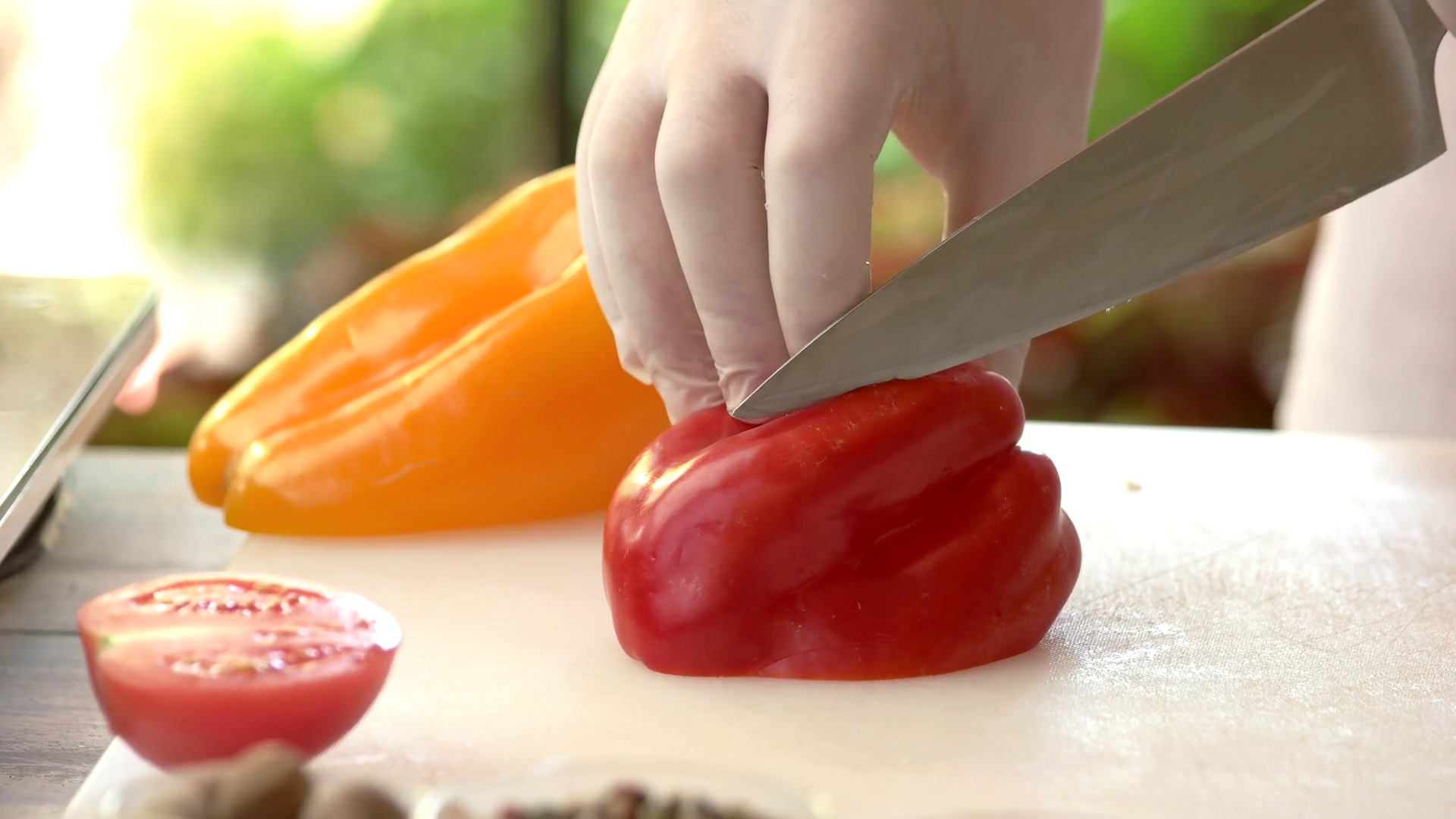 Hand Cutting Bell Pepper Cooking Board With Stock Footage SBV312678882