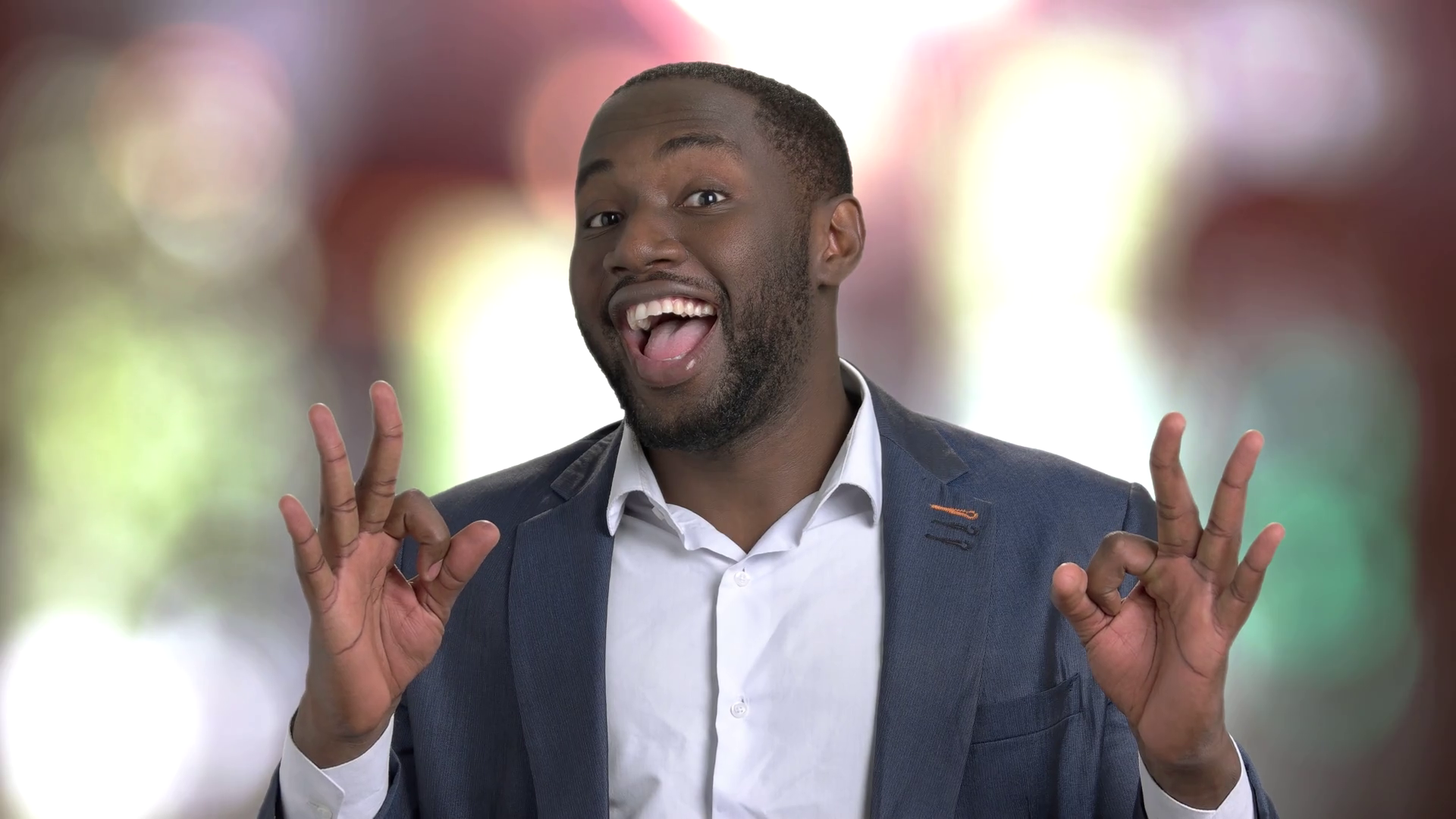 Black Businessman Showing Different Gestures Happy Dark Skinned Man In