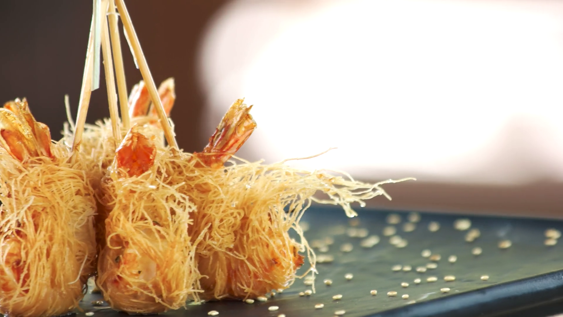 Shrimp Tempura Close Up Fried Prawns Kataifi Stock Footage SBV