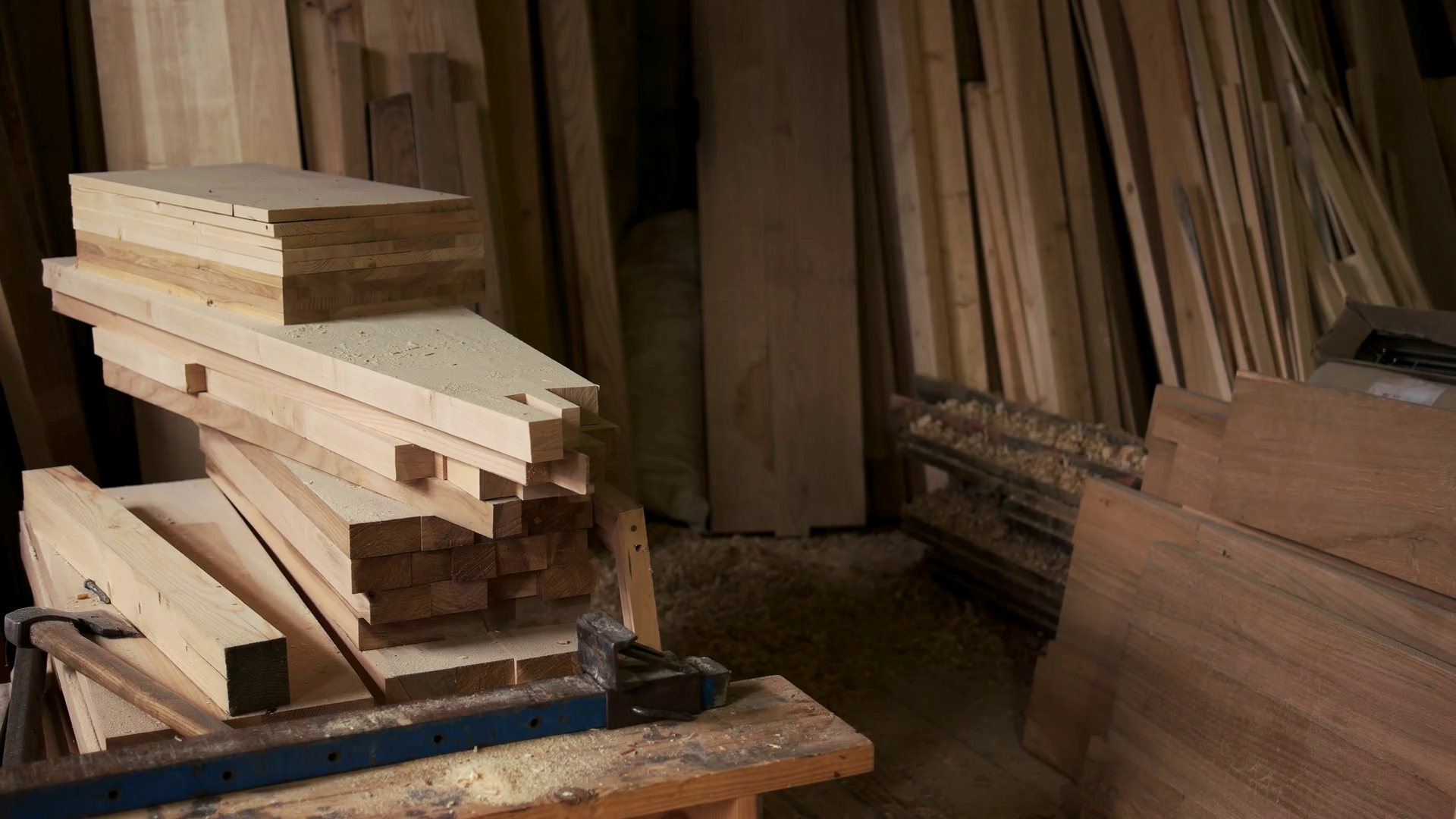 Wooden bars in carpentry shop. Wood furniture manufacturing process. Woodworking and carpentry production. Stock Video Footage - Storyblocks