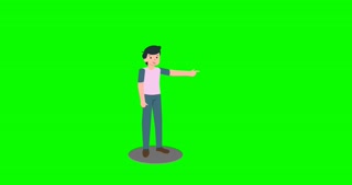 Animated Cartoon man appears and points to right direction with his hand. Pointing gesture concept. Green screen or chroma key background.