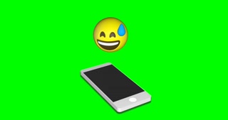 Sweet smile face emoji floating above smartphone screen on chroma key background. 3d mobile phone sending happy emojis on green screen. Social media concept.. Lol emoticon laugh presentation.
