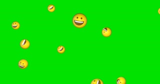 Rain of emojis smiling falling on green screen background. Lol emoticons flying in chroma key. Smiley face with happy expresion. Social media concept. 4k animation