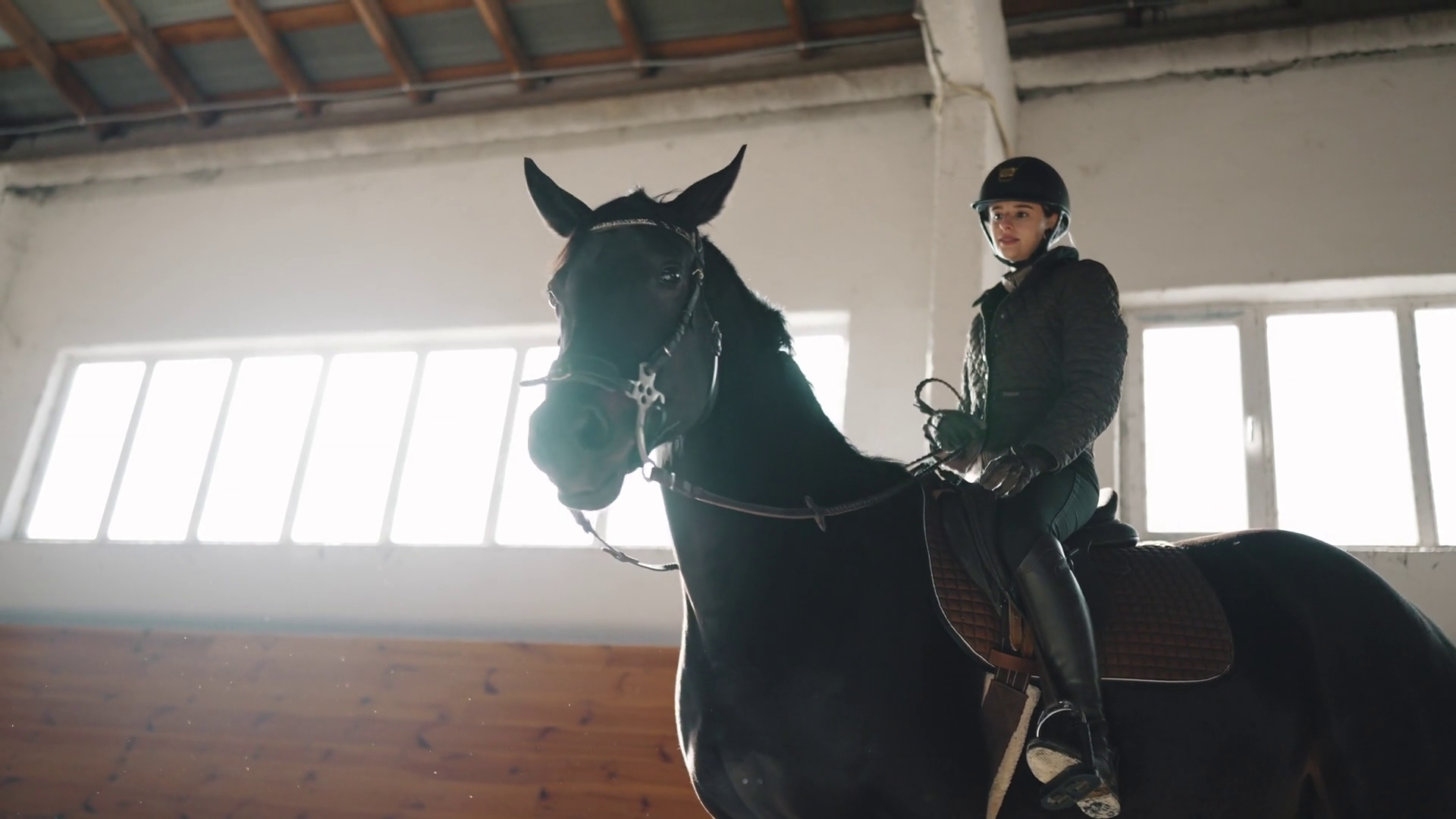 Woman Rider In Helmet Riding Horse Looking Stock Footage SBV-352507390 ...