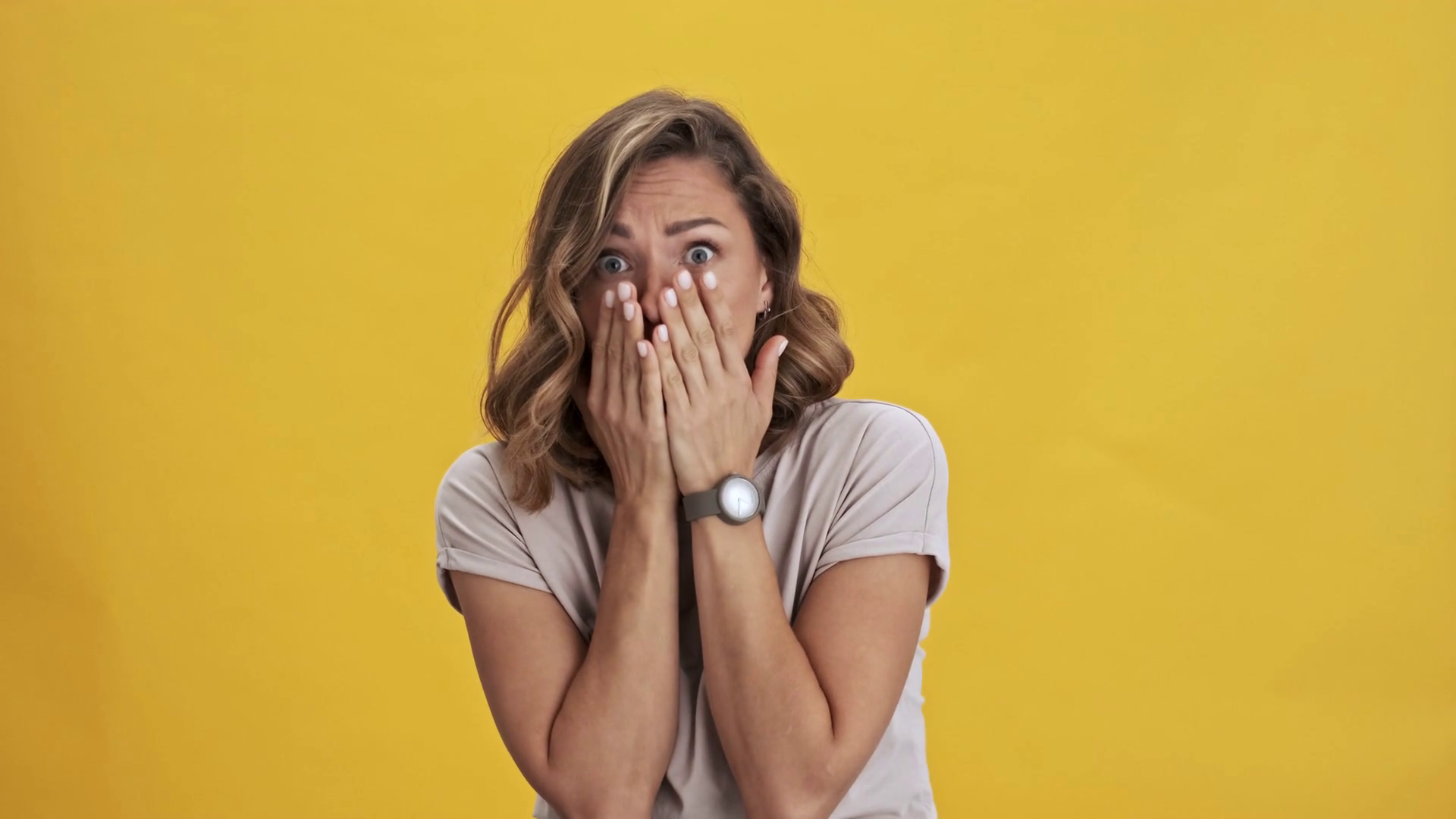 Scared Young Woman With Red Lips Covers Face Stock Footage SBV ...