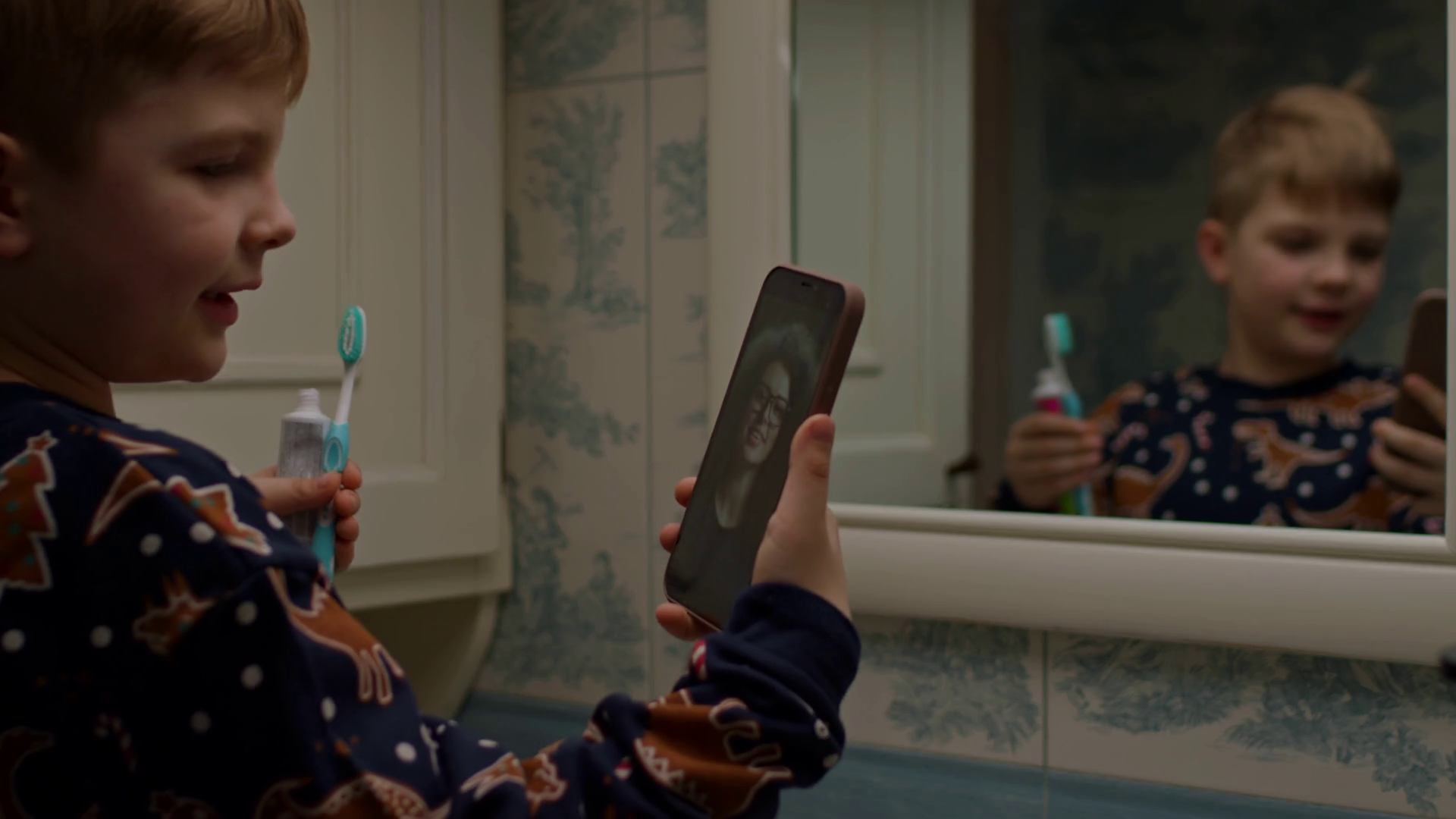 Boy Using Mobile Phone In Bathroom Child Stock Footage SBV347467863