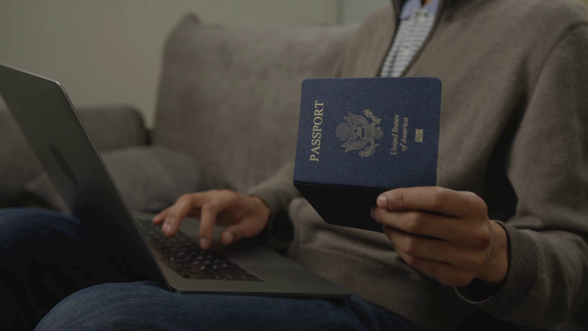 Unrecognised Man Holding Passport Typing On Stock Footage SBV347684249