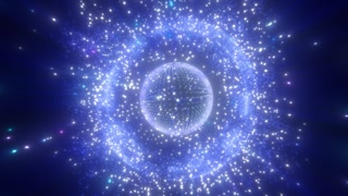 Glowing blue energy sphere surrounded by particles in cosmic space