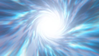 Golden spiral energy vortex with glowing particles on dark space background