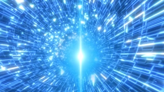 Bright blue data warp tunnel with streaming lines and floating triangles