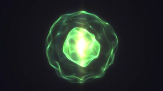 Bright green plasma orb with glowing core and fluid halo ring on dark background