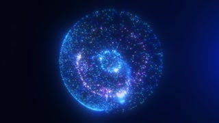 Abstract blue particle sphere with bright highlights and scattered glowing dots, creating a futuristic digital orb and cosmic energy effect