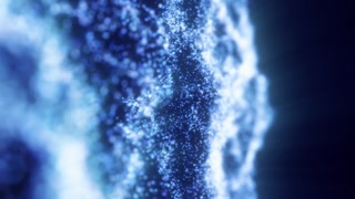 Abstract blue particle landscape with sparkling depth, soft focus, and luminous wave-like terrain