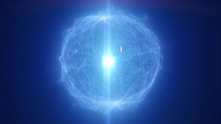 Glowing blue wireframe sphere surrounds a brilliant central core