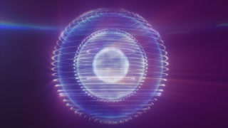 Purple and blue energy orb with shimmering rings and motion trails, abstract cosmic hologram for futuristic tech design